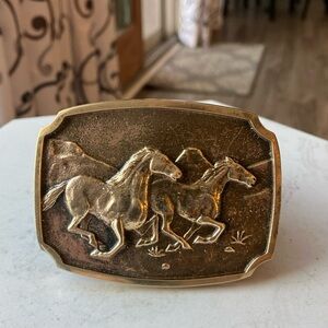 Vintage BTS Solid Brass Western Rodeo Belt Buckle – Galloping Stallions, USA